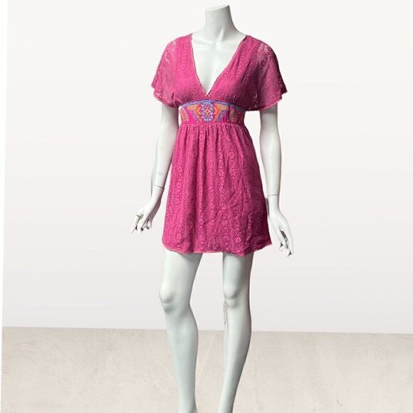 Dina Be Boho Pink Lace Mini Dress - Picture 1 of 5